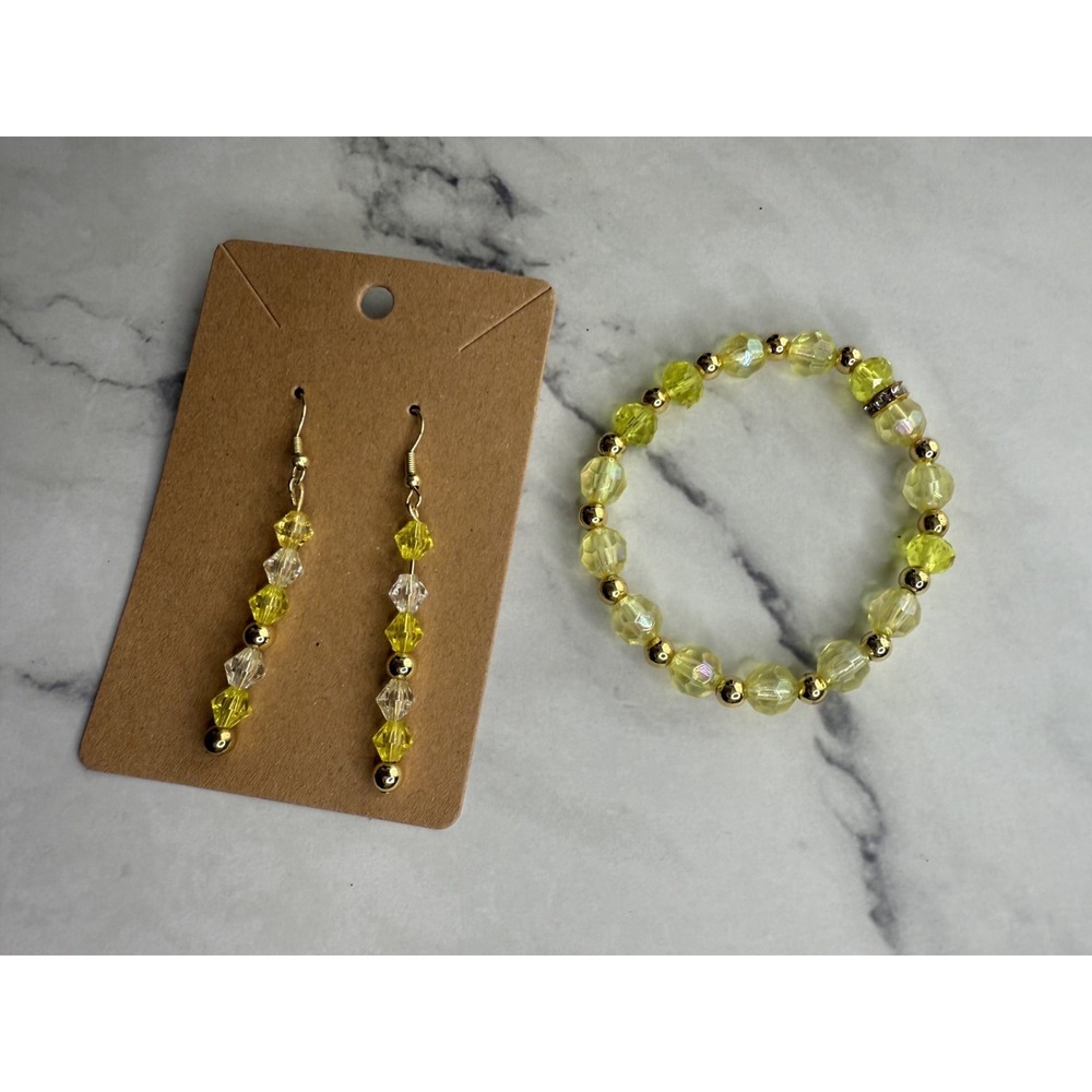 handmade beaded dangle earrings and bracelet yellow and gold‎ tones